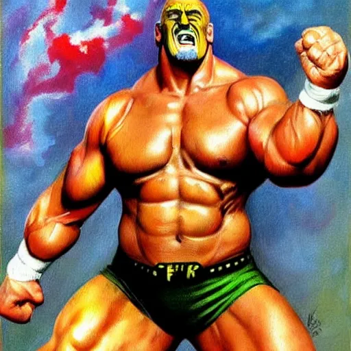 Image similar to wrestler hulk hogan, photorealistic, ring of fire, painted by frank frazetta