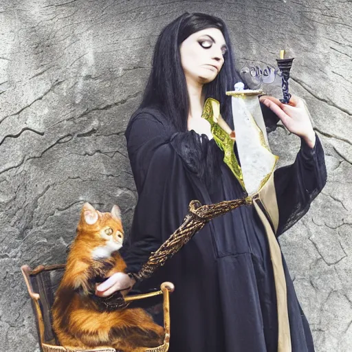 Image similar to female warlock is casting a magic spell, with a small cat by her side, d & d, fantasy, magic, award winning photography, raw,