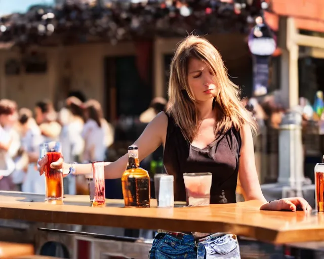 Prompt: an over-heated young female bartender serving people alcohol under the hot sun, photograph, 4k UHD