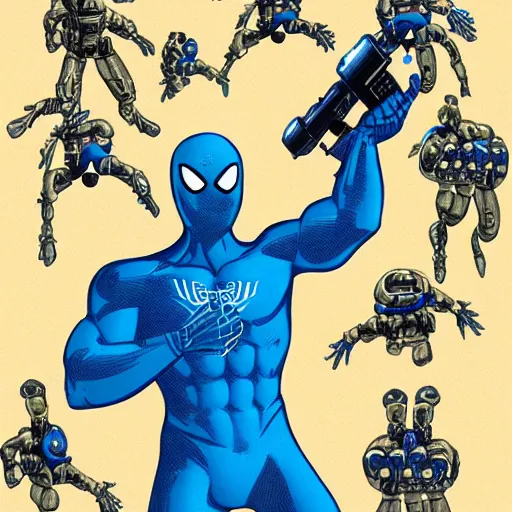 Prompt: blue spiderman with a machine gun fighting aliens