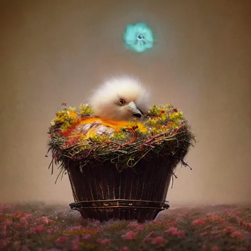 Prompt: long shot of a very fluffy beer chick nesting in a floral cup, esao andrews, by m. w. kaluta, humorous illustration, hyperrealistic, tilt shift, warm colors, night scenery, low light, 3 d octane render, 4 k, volumetric lights, smooth, cosy atmosphere, conceptart, hyperdetailed, trending on deviantart