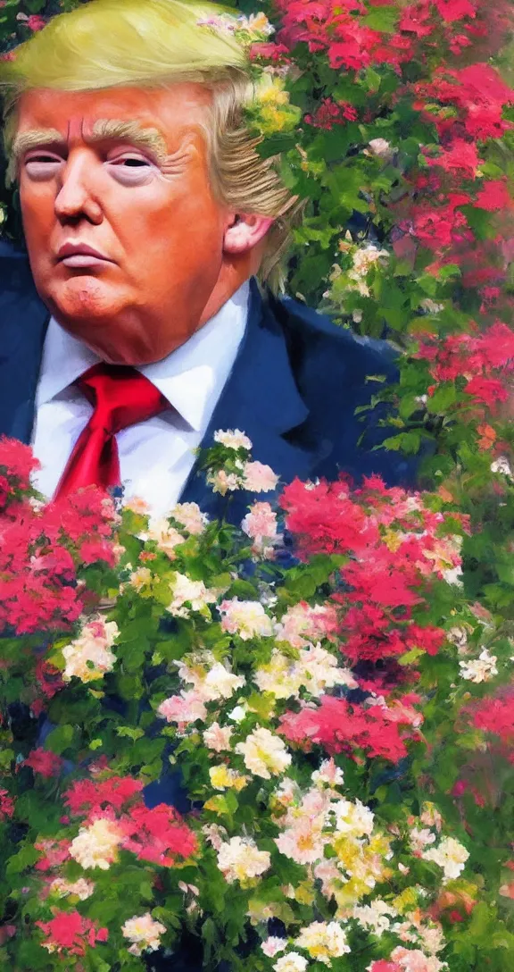 Image similar to romantic detailed portrait of donald trump surrounded by beautiful flowers, by gregory manchess, james gurney, james jean