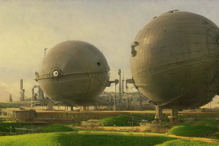 Image similar to an impressive science fiction big factory with a spherical architecture designed by boeing military and star wars with fat cables and pipes at its base, on a beautiful green hill in a the french countryside during spring season, painting by studio ghibli backgrounds and louis remy mignot hd, nice lighting, smooth tiny details, soft and clear shadows, low contrast, perfect