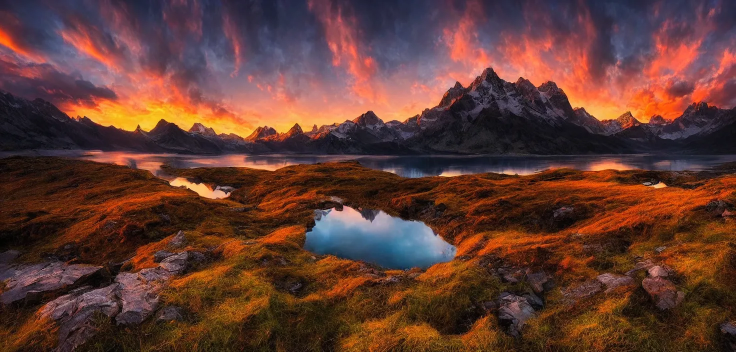 Image similar to amazing landscape photo of mountains with lake in sunset by marc adamus, beautiful dramatic lighting