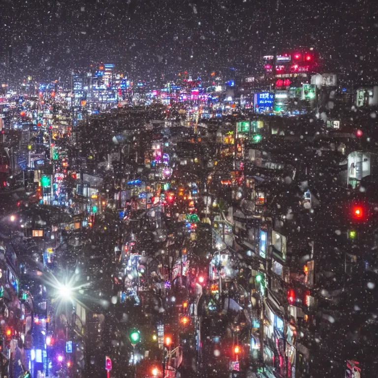 Prompt: photo of tokyo with many lights and lens flares, snowy winter christmas night