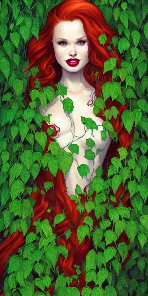 Image similar to beautiful Madelaine Petsch poison ivy DC comics, evil smile, realistic character concept, fun pose, comic book, illustration, slender symmetrical face and body, surrounded by vines and plants, artstation, cinematic lighting, hyperdetailed, high resolution, Charlie Bowater, Tom Bagshaw, single face, insanely detailed and intricate, beautiful