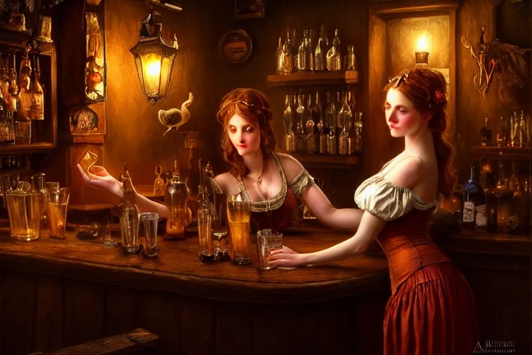 Image similar to a beautiful barmaid, dimly lit cozy crowded tavern, relaxed pose, fantasy, intricate, elegant, dramatic lighting, emotionally evoking symbolic metaphor, highly detailed, lifelike, photorealistic, digital painting, artstation, concept art, smooth, sharp focus, illustration, art by John Collier and Albert Aublet and Krenz Cushart and Artem Demura and Alphonse Mucha, masterpiece