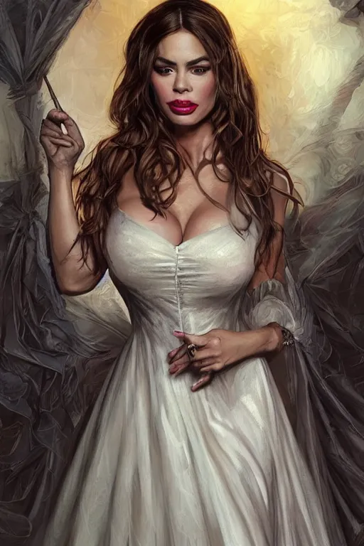 Image similar to Sofia Vergara as a heroine with a dress inspired by american horror story, digital painting, artstation, concept art, smooth, sharp focus, illustration, in-frame, centered, art by artgerm and donato giancola and Joseph Christian Leyendecker, Ross Tran, WLOP