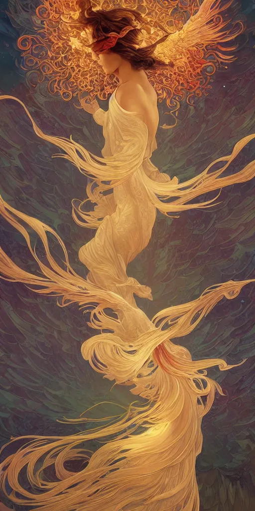 Prompt: a rising phoenix surrounded by spirit waves while rising from a chasm with flowers blossoming, fantasy, intricate, elegant, highly detailed, digital painting, artstation, concept art, smooth, sharp focus, illustration, art by Fernanda Suarez and Artem Demura and alphonse mucha