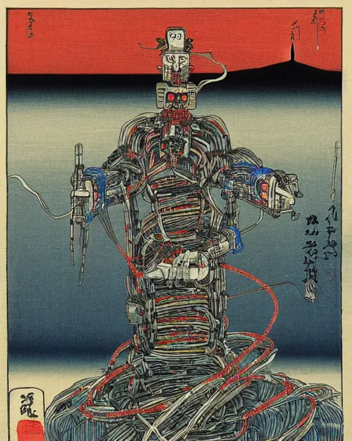 Image similar to Hiroshige portrait of a robot saint made of cables and robotic pod