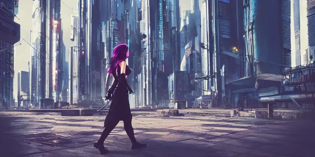 Cyberpunk girl in modern city by the road side with people walking