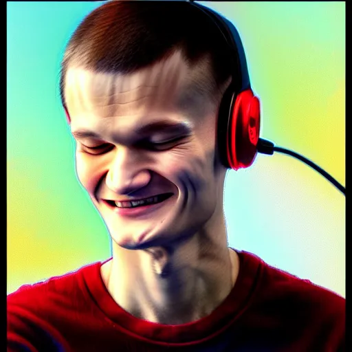 Image similar to vitalik buterin in big headphones with closed eyes listens to music and smiles, wayne barlow, bao pham, donato giancola, larry elmore, masterpiece, trending on artstation, featured on pixiv, cinematic composition, beautiful lighting, sharp, details, hyper - detailed, hdr, 4 k, 8 k