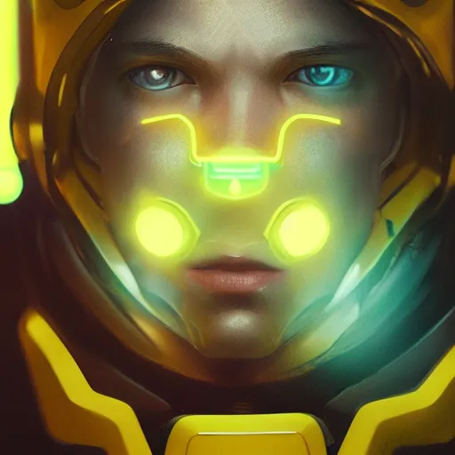 Prompt: yong boy destroyed to pieces with glowing yelow visor as a realistic scifi cyberpunk, closeup portrait art by james jean and greg rutkowski,, realistic face, like anime, digital art, trending on artstation, 8 k