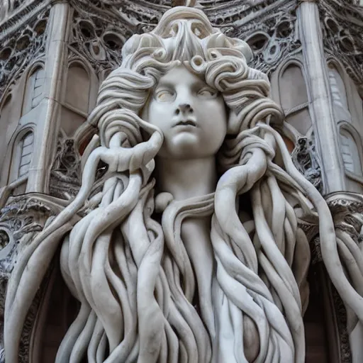 Prompt: statue of female medusa long hair, marble statue, beautiful delicate perfect face, perfect nose, macro shot head, in the background a gothic marble cathedral, 2 4 mm architectural shot no decaying lines, arabesque glass windows intricate lines, ornate delicate alabaster architecture