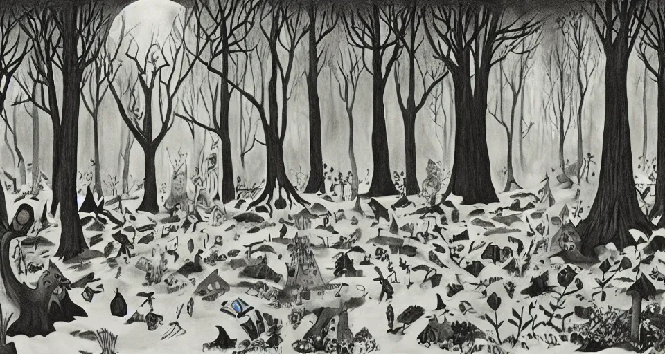 Image similar to Enchanted and magic forest, by Charles Addams