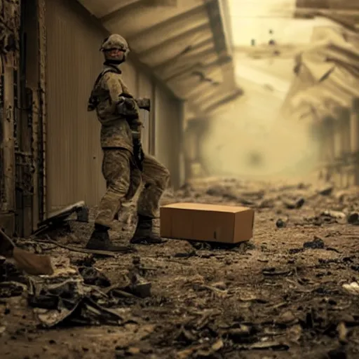 Image similar to an soldier hiding under cardboard box, in middle of war, explosion environment, post apocalyptic, cinematic