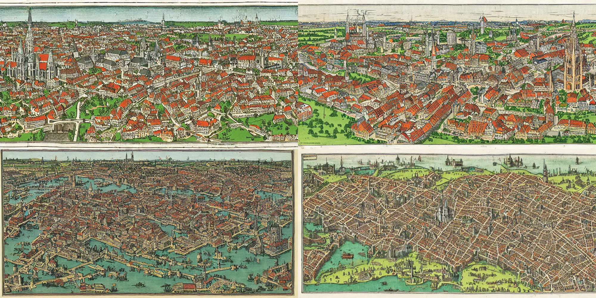 Prompt: the city of munich, germany in 1 4 9 3 depicted in the nuremberg chronicle by hartmann schedel, coloured woodcut