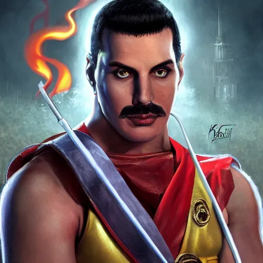 Image similar to freddy mercury as ken street fighter, ultra realistic, concept art, intricate details, highly detailed, photorealistic, octane render, 8 k, unreal engine, art by frank frazetta, simon bisley, brom