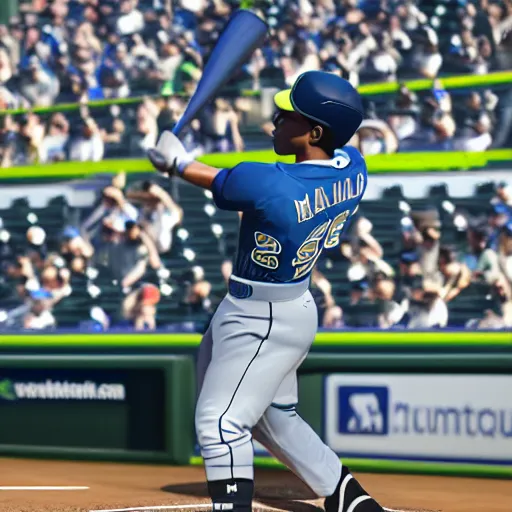 Prompt: seattle mariner baseball player hitting a home run at a full baseball park, photo realistic, found on artstation
