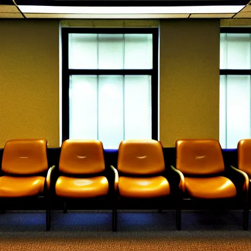 Prompt: Nostalgic waiting room, lowly-lit, 1990s style, no people