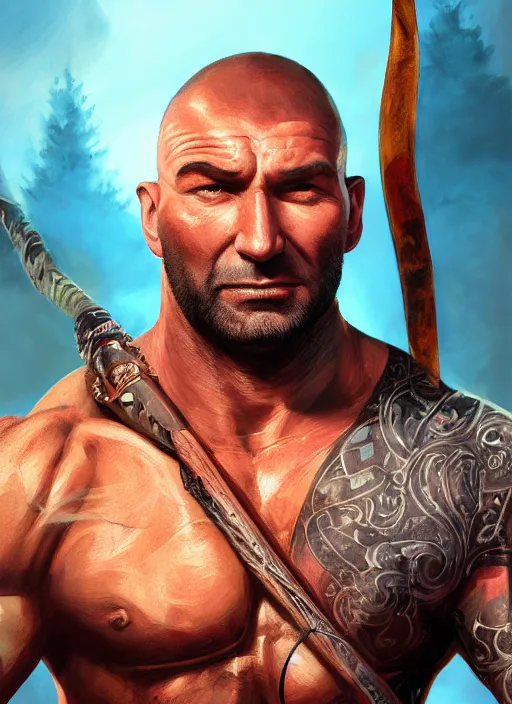 Prompt: A fantasy comic book style portrait painting of Dave Bautista as a archer, unreal 5, DAZ, hyperrealistic, octane render, RPG portrait, dynamic lighting