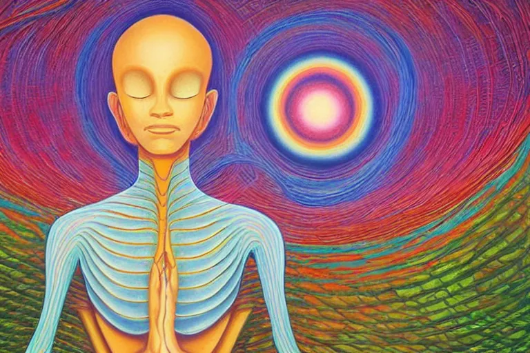 Image similar to painting of a tranquil alien meditating under a tree by alex grey, acrylic art, ethereal, soothing, somber, elegant, soft light,