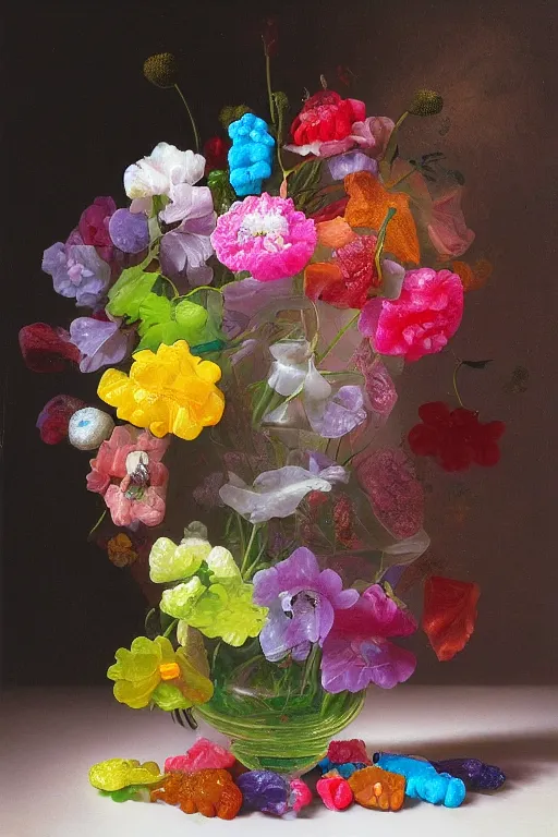 Prompt: painting of gummy flowers in a vase on a table, by rachel ruysch, pop surrealism, biomorphic, made of gummy bears flowers and jelly beans flowers, translucent gummy glowing delicious texture