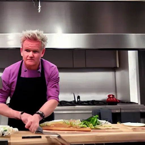 Image similar to hyper real Gordon Ramsey cooking a unicorn in kitchen 4k