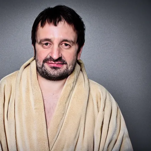 Prompt: richard iv the roman king, excited real human wearing beige bathrobe, soft studio lighting, sigma lens photo, he is dancing and has pregnancy belly