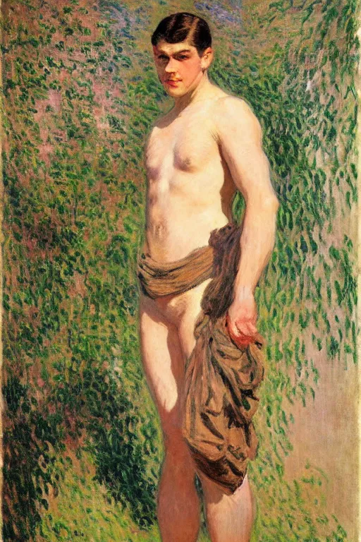 Image similar to attractive male, painting by claude monet, j. c. leyendecker