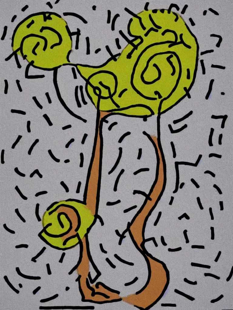 Image similar to minimal!!!!!!! acorn!!!!! that turns into a tree!!!!! in the shape of a treble clef!!!!!, a big rip down the middle, splashes of color, inspirational and powerful, clear high resolution acorn and tree, keith haring