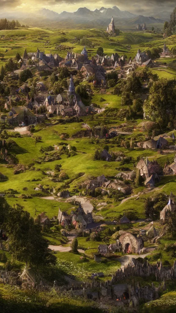 Image similar to a beautiful wide shot of hobbiton, middle earth, alan lee, fromsoftware, elden ring, dark souls, bloodborne, dark fantasy, realistic, highly detailed, 8 k, volumetric lighting, sinister lighting, detailed terrain, concept art, matte painting