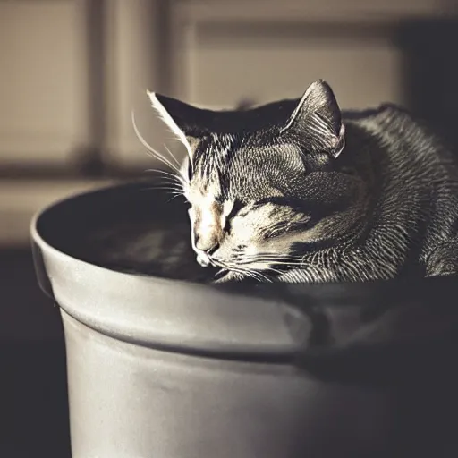 Prompt: cat sleeping on top of a pot