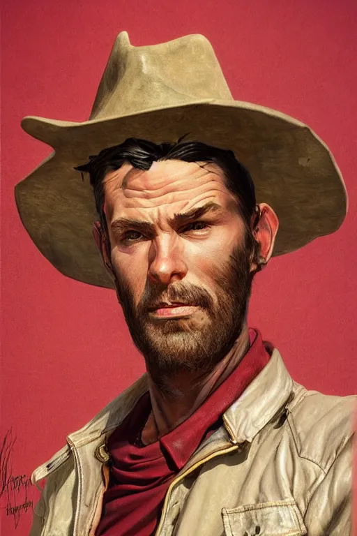 Prompt: headshot portrait of a gaunt 40's adventurer, unshaven, optimistic, stained dirty clothing, straw hat, riding boots, red t-shirt, dusty rown bomber leather jacket, concept art, photorealistic, hyperdetailed, 3d rendering! , art by Leyendecker and frazetta!,