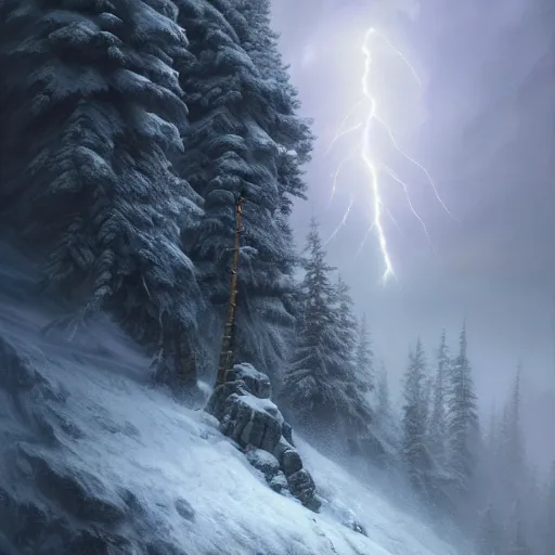 Image similar to climber, extreme cold, storm, octane rendering, volumetric lightning, hyperrealism, no blur, 4 k resolution, ultra detailed, style of ivan shishkin, tyler edlin, anato finnstark, edward robert hughes