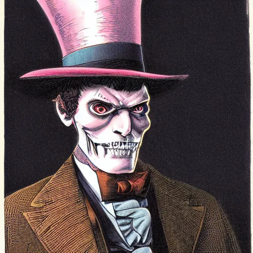 Image similar to portrait of demonic baroque steampunk cyborg gentleman with a top hat by moebius