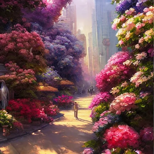 Image similar to a painting of an art - deco cityscape surrounded by flowers, a watercolor and matte painting by mark keathley and mandy jurgens and charlie bowater, cgsociety, artdeco, utopia art, bold colors, sci - fi, artstation hq