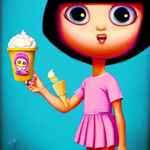 Prompt: dora the explorer as real girl holding ice cream, Pop Surrealism lowbrow art style, mute colors, soft lighting, by Mark Ryden, artstation cgsociety