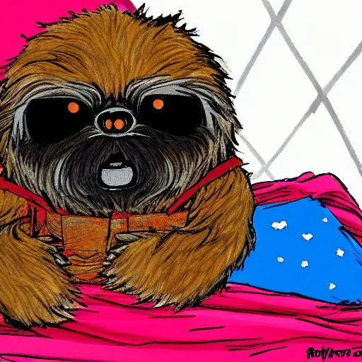 Image similar to ewok watching a movie from his bed, digital art, colourful