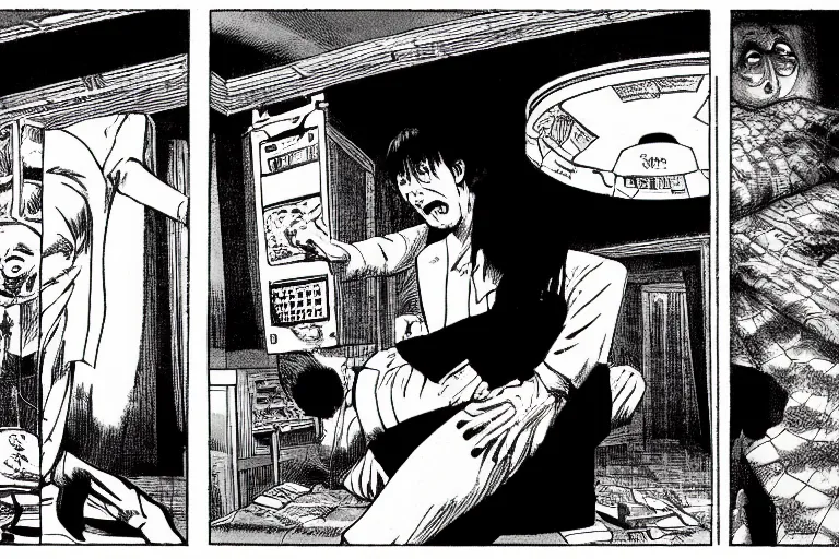 Image similar to desperate man in a upside down room, comic panel, horror, art by junji ito