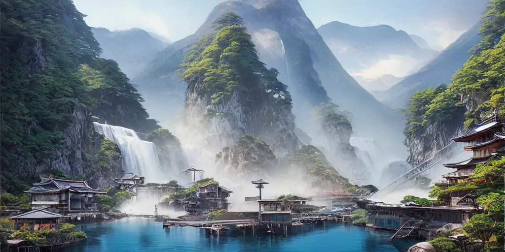 Image similar to beautiful waterfall between lush mountains late at night casting rays of light into japanese fishing village below, highly detailed, modern architecture, sharp focus, artgerm, cgsociety, desaturated by syd mead