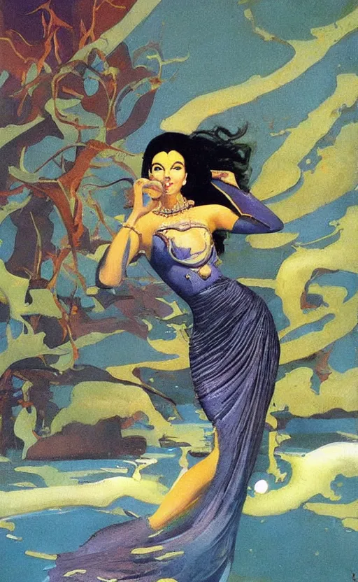 Image similar to a beautiful painting of a fair skin with dark hair queen in a metallic dress, by bruce pennington, by eyvind earle, nicholas roerich, by frank frazetta, by georgia o keeffe, by dean cornwell, highly detailed!!!, tonalism, jewels, tiles curtains, oriental, desaturated!!!!!!!!!