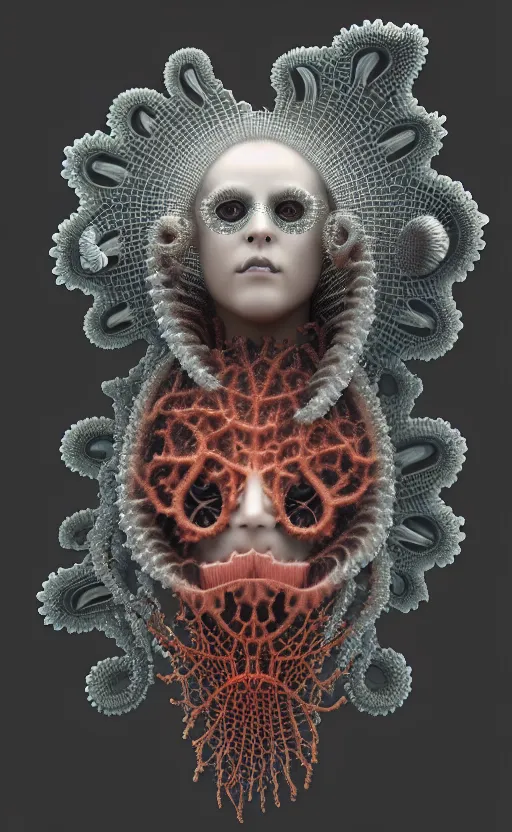 Image similar to intricate gothic girl mask, eagle coral, jelly fish, mandelbulb 3 d, fractal flame, octane render, cyborg, biomechanical, futuristic, by ernst haeckel