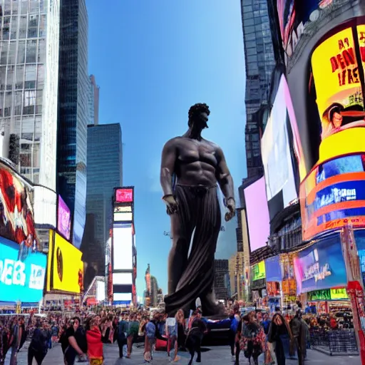 Prompt: a giant greek statue in times square