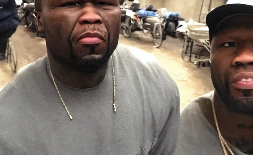 Image similar to my uncle look like 50 Cent if he was poor asf lmao, close-up, one person in frame, portrait, uncomfortable, funny, phone quality, camera flash on, viral photo, viral on instagram