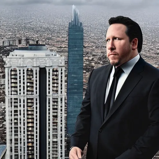 Image similar to Jon Favreau as clean-shaven Happy Hogan wearing a black suit and black necktie and black dress shoes is climbing a tall building in an urban city. The sky is filled with dark clouds and the mood is ominous.