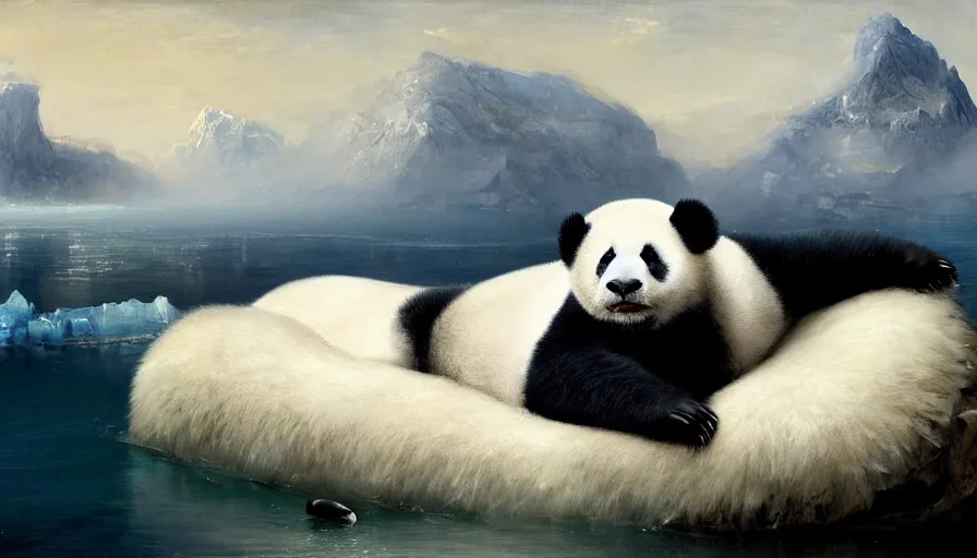 Image similar to highly detailed painting of humanoid creature thats half man and half cute baby white furry seal panda hybrid on a blue and white iceberg by william turner, by greg rutkowski, by william constable, thick brush strokes and visible paint layers, 4 k resolution