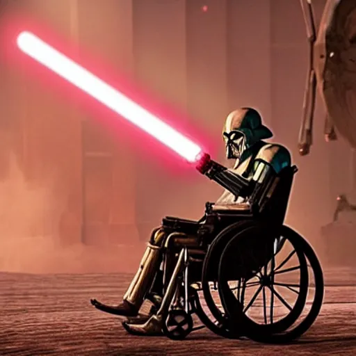 Image similar to General Grievous in a wheelchair with 4 lightsabers, photo from star wars the prequel,