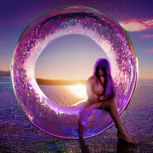 Prompt: portrait photo, a woman covered in intricate silver body paint and a purple florescent bikini inside an iridescent bubble floating above beautiful colorful sunset clouds