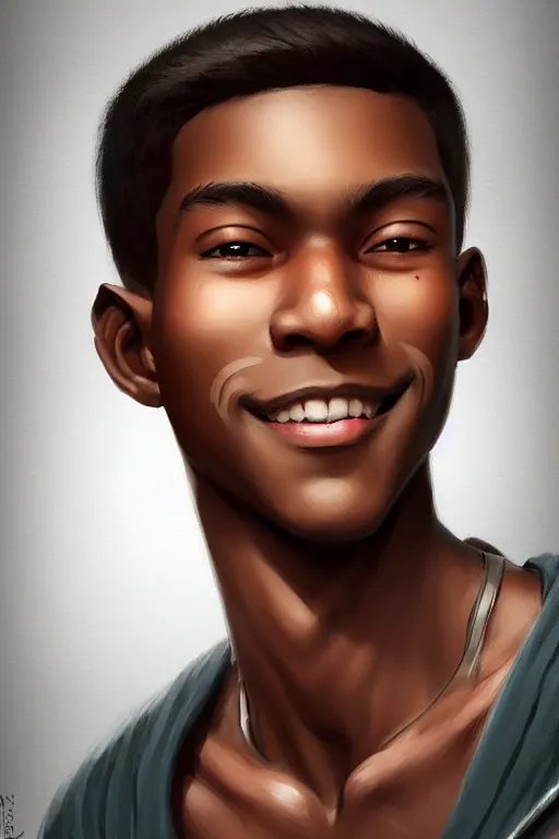 Image similar to young teenager boy with straight short brown hair, dark skin, big lips, smiling. highly detailed, d & d, fantasy, highly detailed, digital painting, trending on artstation, concept art, sharp focus, illustration, art by artgerm and greg rutkowski and fuji choko and viktoria gavrilenko and hoang lap